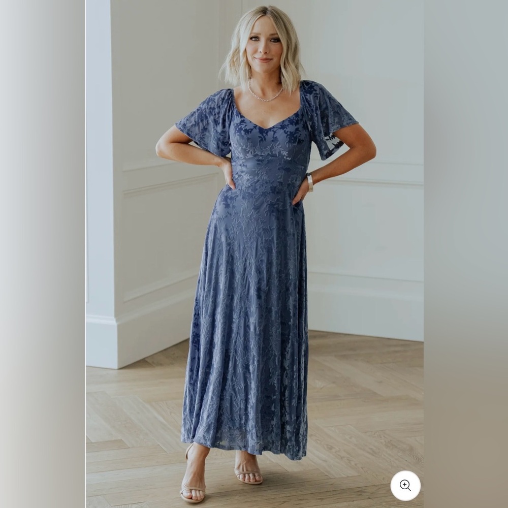 Baltic Born Whisoer Blue Velvet Everley Maxi Dress with Flutter Sleeves